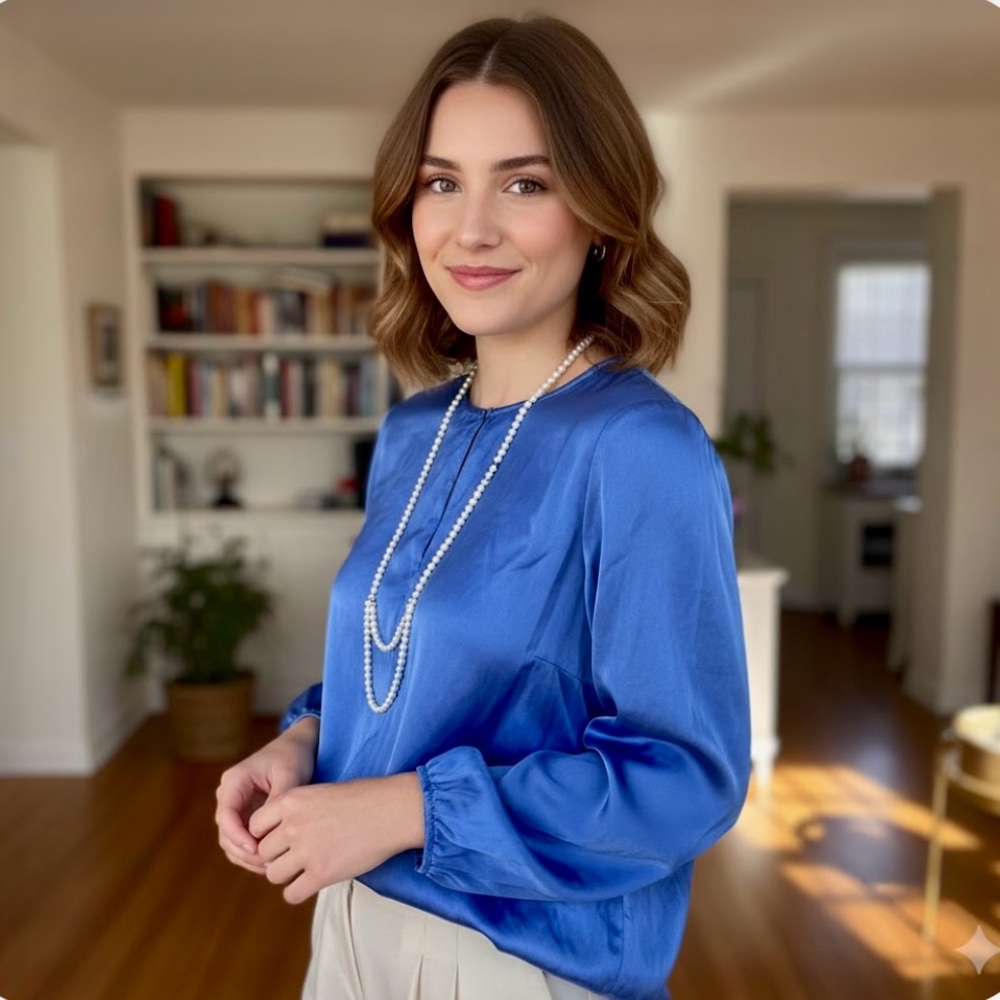 🚨3X$30🚨 Massimo Dutti Blue Blouse with Puff Sleeves and Mandarin Collar